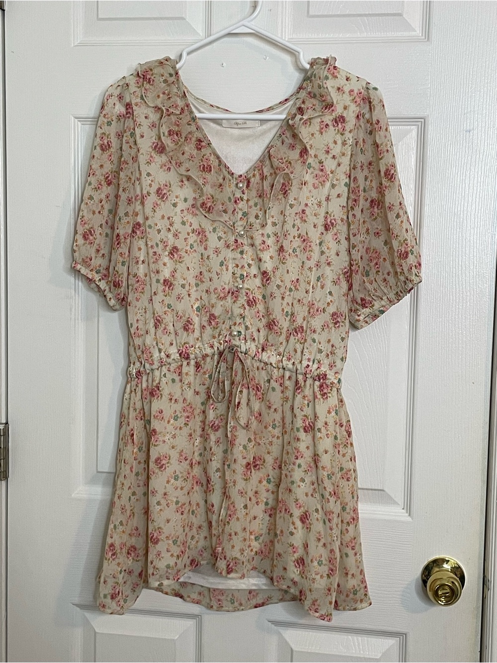Japanese Brand Cream Floral Ruffle V-Neck Chiffon Drawstring Mini Dress Size M